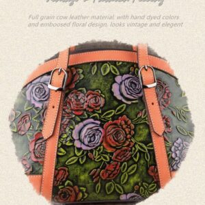 Genuine Leather Embossed Purses for Women, Retro Crossbody Handbag Satchels with Vintage Floral Design (3449-orange)