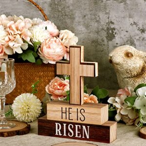 Treory Easter Decorations for The Home, 3 pcs Easter Decor HE is Risen with Cross Wooden Table Signs Christian Religious Block Sign Rustic Tiered Tray Decor Farmhouse Decor for Easter Gifts