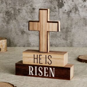 Treory Easter Decorations for The Home, 3 pcs Easter Decor HE is Risen with Cross Wooden Table Signs Christian Religious Block Sign Rustic Tiered Tray Decor Farmhouse Decor for Easter Gifts