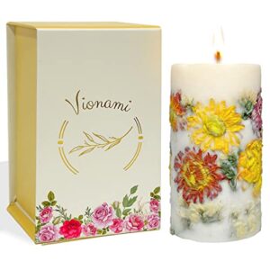 vionami aloha kiwi passionfruit scented pillar candle with dried flowers – natural soy wax scented candle for home – gift-boxed hand poured luxury candle with paper core wick (mums)
