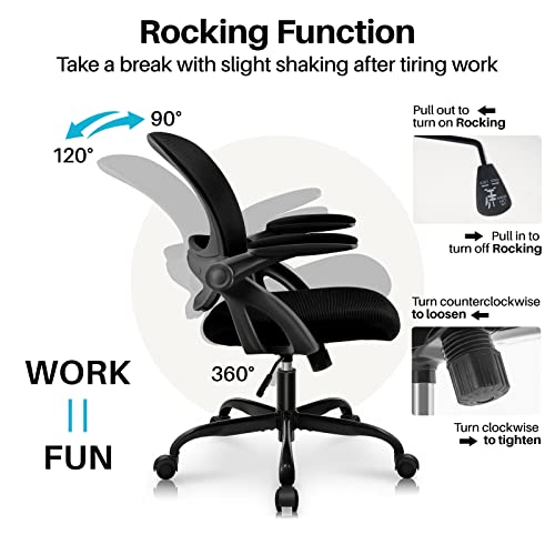 KERDOM Ergonomic Office Chair, Breathable Mesh Computer Chair, Swivel Desk Chair with Wheels and Flip-up Arms, Adjustable Height Home Gaming Chair