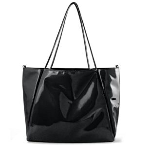 shiny patent faux leather tote glossy shoulder handbag for women convertible purse (black)