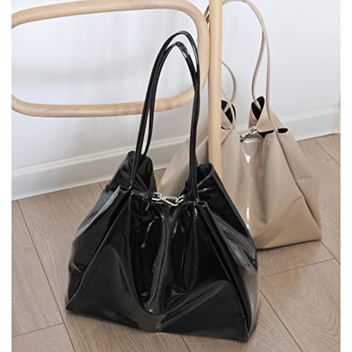 Shiny Patent Faux Leather Tote Glossy Shoulder Handbag for Women Convertible Purse (Black)