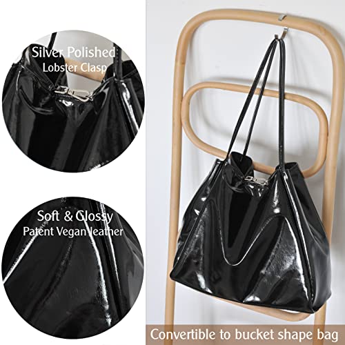 Shiny Patent Faux Leather Tote Glossy Shoulder Handbag for Women Convertible Purse (Black)