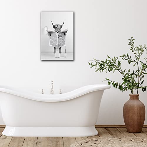 ENBIDAVI Funny Highland Cow Wall Decor Black and White Cow Reading Newspaper on Toilet Canvas Art Print For Bathroom Farmhouse Bedroom Unframed 12x18 Inches