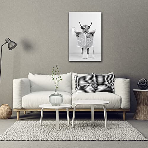 ENBIDAVI Funny Highland Cow Wall Decor Black and White Cow Reading Newspaper on Toilet Canvas Art Print For Bathroom Farmhouse Bedroom Unframed 12x18 Inches