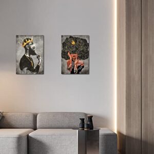 Framed African American Wall Art Black King and Queen Men Women Girl Canvas Wall Art Painting Picture Artwork Inspirational Afro Poster Wall Art Decor for Living Room Bedroom Office Home Decoration