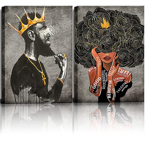 Framed African American Wall Art Black King and Queen Men Women Girl Canvas Wall Art Painting Picture Artwork Inspirational Afro Poster Wall Art Decor for Living Room Bedroom Office Home Decoration