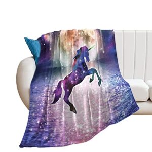 colourful unicorn on ocean in night flannel fleece throw blanket soft warm lightweight fuzzy plush blankets for bed couch sofa 70″x80″