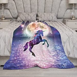 Colourful Unicorn on Ocean in Night Flannel Fleece Throw Blanket Soft Warm Lightweight Fuzzy Plush Blankets for Bed Couch Sofa 70"x80"