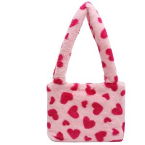 1 piece Women's small tote bag Soft winter furry plush top tote bag and long shoulder strap (Pink)