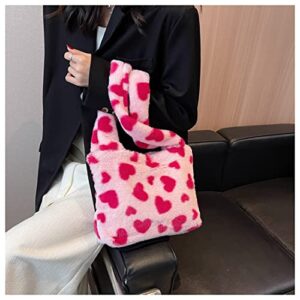 1 piece Women's small tote bag Soft winter furry plush top tote bag and long shoulder strap (Pink)