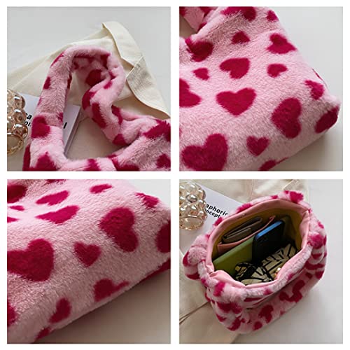 1 piece Women's small tote bag Soft winter furry plush top tote bag and long shoulder strap (Pink)