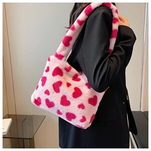 1 piece Women's small tote bag Soft winter furry plush top tote bag and long shoulder strap (Pink)