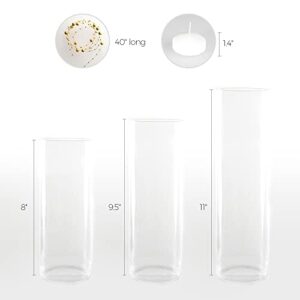 Floating Candle Cylinder Centerpiece Set, 3 Vases, 6 White Floating Candles 3" Diameter, 6 Artificial Gold Pearl Beads String Vase Fillers 40", Great for Weddings, Home Decor