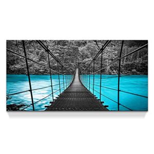 bridge river canvas wall art: teal blue picture lake decor painting turquoise decoration artwork for bedroom living room 48″x24″
