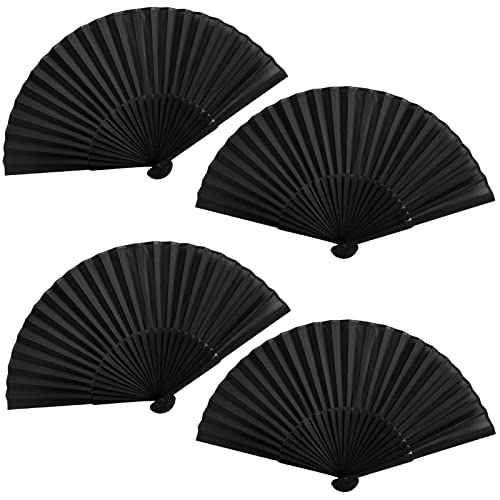 Jeyeou 4 Pack Silk Folding Fan,Handheld Fans Hand Held Bamboo Silk Folding Fan Hand Fan Chinese Vintage Retro Fabric Fans Black Hand Fan Silk Folding Fans for Performance,Wedding, Party & Gift