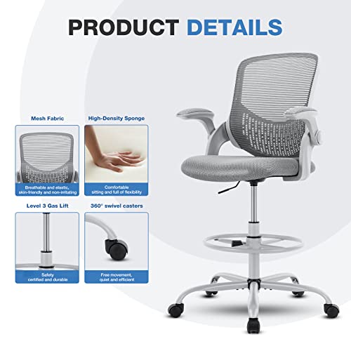 Drafting Chair - Tall Office Chair for Standing Desk Mesh Chair with Mid-Back and Height Adjustable Swivel Chair with Lumbar Support and Flip-up Armrests for Adults