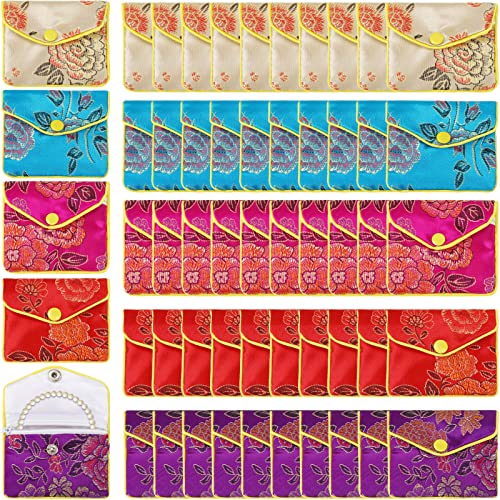 Zhengmy 50 Pcs Jewelry Silk Purse Pouch Gift Bags Bulk, Small Chinese Style Brocade Embroidered Bag with Zipper Snap for Women Girls Necklaces Earrings Bracelets 5 Colors