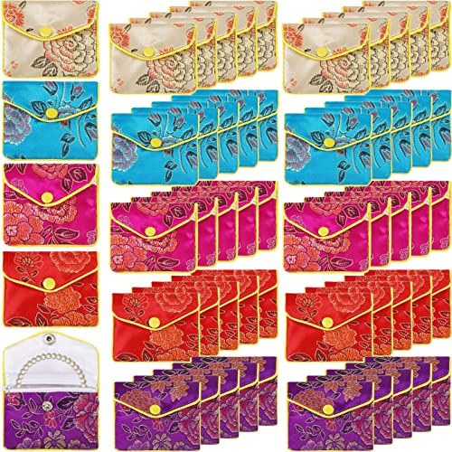 Zhengmy 50 Pcs Jewelry Silk Purse Pouch Gift Bags Bulk, Small Chinese Style Brocade Embroidered Bag with Zipper Snap for Women Girls Necklaces Earrings Bracelets 5 Colors
