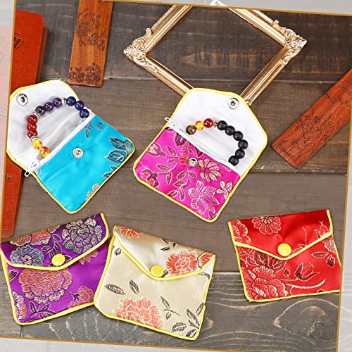 Zhengmy 50 Pcs Jewelry Silk Purse Pouch Gift Bags Bulk, Small Chinese Style Brocade Embroidered Bag with Zipper Snap for Women Girls Necklaces Earrings Bracelets 5 Colors