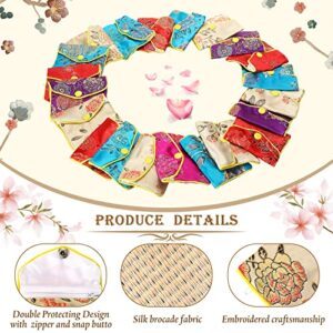 Zhengmy 50 Pcs Jewelry Silk Purse Pouch Gift Bags Bulk, Small Chinese Style Brocade Embroidered Bag with Zipper Snap for Women Girls Necklaces Earrings Bracelets 5 Colors