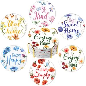 ceramic coasters with holder, sets of 6 floral coasters, wildflower ceramic drink coaster, suitable for kinds of cups, wooden table decoration, spring summer home decor, tabletop protection 4 inches