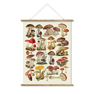 vintage mushroom poster hanger frame, patterns are printed on linen without fading, scrolls made of fir are durable, retro style wall decor art painting for living room office classroom bedroom decor,adults and children learn charts(22.4″ x 15.7″)
