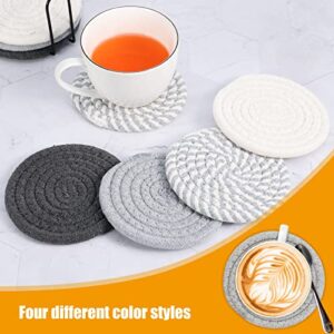 XINRUI Coasters for Drinks, Absorbent Drink Coasters 8 Pcs Cotton Handmade Braided Drink Coasters with Holder 4.3inch Minimalist Boho Round Woven Coasters for Farmhouse Table Protection