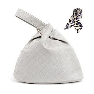 wrist bag tote bag knot bag women’s portable purse pu leather wrist bag woven pattern bucket shape large size handle purse(grey)