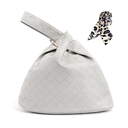 Wrist Bag Tote Bag Knot Bag Women's Portable Purse PU Leather Wrist Bag Woven Pattern Bucket Shape Large Size Handle Purse(Grey)