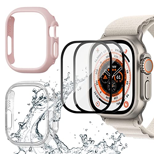 [2+2 Pack] BHARVEST for Apple Watch Ultra 49mm Screen Protector and Case, 2 Packs Hard PC Frame Cover with 2 Sets Tempered Glass Screen Protector for Apple Watch Ultra 49mm, Pink+Clear