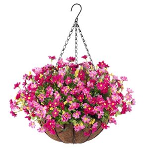 ammyoo artificial hanging flowers in basket for patio garden porch deck decoration, artificial daisy arrangement,fake plants in 12 inch coconut lining basket for outdoor/indoor(pink)