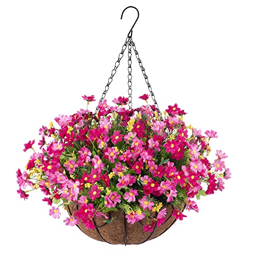 Ammyoo Artificial Hanging Flowers in Basket for Patio Garden Porch Deck Decoration, Artificial Daisy Arrangement,Fake Plants in 12 inch Coconut Lining Basket for Outdoor/Indoor(Pink)