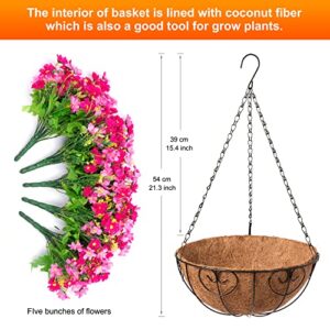 Ammyoo Artificial Hanging Flowers in Basket for Patio Garden Porch Deck Decoration, Artificial Daisy Arrangement,Fake Plants in 12 inch Coconut Lining Basket for Outdoor/Indoor(Pink)