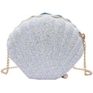 women seashell shoulder bag glitter sequin cross-body bag chain strap mermaid evening clutch purse handbag