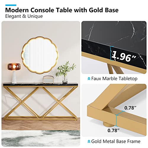 Tribesigns 55" Console Table, Modern Entryway Hallway Table with Diamond-Shaped Gold Metal Legs, Faux Marble Black Wood Sofa Table Foyer Table for Living Room, Entryway, Hallway, Black and Gold