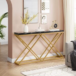 Tribesigns 55" Console Table, Modern Entryway Hallway Table with Diamond-Shaped Gold Metal Legs, Faux Marble Black Wood Sofa Table Foyer Table for Living Room, Entryway, Hallway, Black and Gold