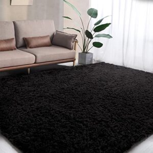 hombys shaggy area rug 8×10 feet, ultra soft large plush faux fur carpet, non-skid bedroom living room rug for kids playroom home decor, black