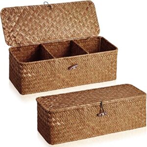 2 pieces seagrass baskets with lid, rectangular hand woven wicker bin storage box for shelves organizing, small rustic home storage organizer container for toilet paper snack toys (khaki)