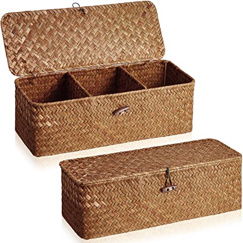 2 Pieces Seagrass Baskets with Lid, Rectangular Hand Woven Wicker Bin Storage Box for Shelves Organizing, Small Rustic Home Storage Organizer Container for Toilet Paper Snack Toys (Khaki)