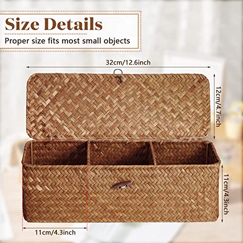 2 Pieces Seagrass Baskets with Lid, Rectangular Hand Woven Wicker Bin Storage Box for Shelves Organizing, Small Rustic Home Storage Organizer Container for Toilet Paper Snack Toys (Khaki)