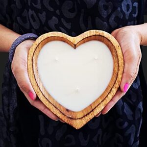 6” Heart Shaped Wooden Bowl Candle with Soy Wax - 3 Wicks 5 oz Decorative Dough Bowl Candles for Anniversary Engagement Wedding Birthday Valentine Christmas Gift (Vanilla Sandalwood - 6" Brown Bowl)