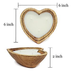 6” Heart Shaped Wooden Bowl Candle with Soy Wax - 3 Wicks 5 oz Decorative Dough Bowl Candles for Anniversary Engagement Wedding Birthday Valentine Christmas Gift (Vanilla Sandalwood - 6" Brown Bowl)