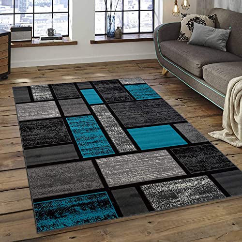 Champion Rugs Square Pattern Area Rug Geometric Pattern Modern Turquoise Gray Carpet Shed Free Stain Resistant (7’ 8” X 10’ 8”)