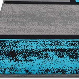 Champion Rugs Square Pattern Area Rug Geometric Pattern Modern Turquoise Gray Carpet Shed Free Stain Resistant (7’ 8” X 10’ 8”)