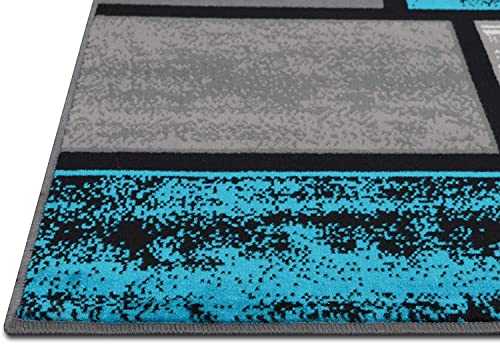 Champion Rugs Square Pattern Area Rug Geometric Pattern Modern Turquoise Gray Carpet Shed Free Stain Resistant (7’ 8” X 10’ 8”)