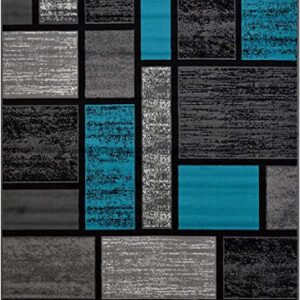 Champion Rugs Square Pattern Area Rug Geometric Pattern Modern Turquoise Gray Carpet Shed Free Stain Resistant (7’ 8” X 10’ 8”)