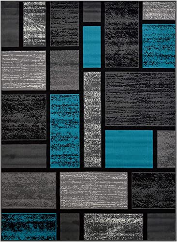 Champion Rugs Square Pattern Area Rug Geometric Pattern Modern Turquoise Gray Carpet Shed Free Stain Resistant (7’ 8” X 10’ 8”)