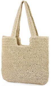 almury straw beach hand-woven soft large woven shoulder bag boho straw handle tote retro summer bags rattan handbag for women (beige)